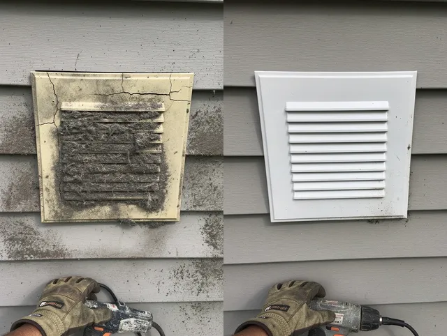 Monroe Dryer Vent Cleaning technician installing high-quality dryer vent cover at a residential property in Monroe