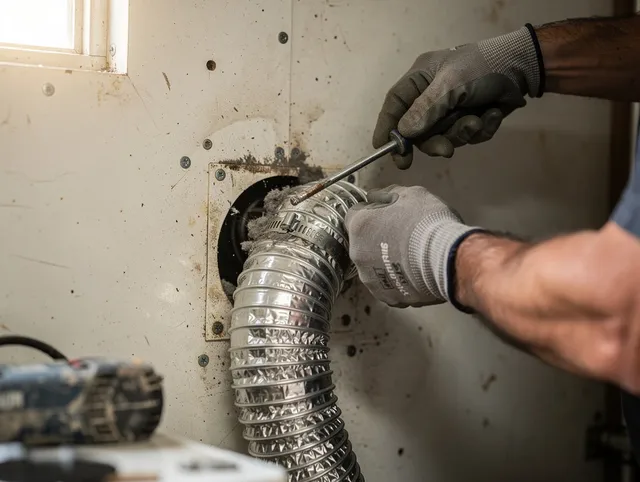 Monroe Dryer Vent Cleaning technician performing precise dryer vent hose installation in Monroe